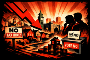 Editorial illustration of Brookline housing affordability pressure, with suburban homes, a dramatic downward arrow, worried buyers, stacked coins, and a tax-document motif in bold red, black, and orange tones.