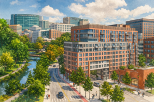 Illustrated featured image of the proposed Brookline Avenue residential building with compact apartments, set beside the Riverway and Emerald Necklace green space, with the Longwood Medical Area skyline in the background.