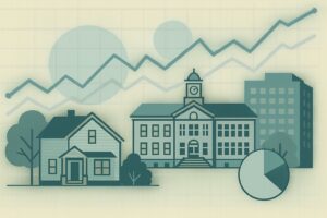 Stylized cityscape with houses, a town hall, and a pie chart, overlaid by rising line graphs in the background.