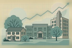 Green-tinted illustration of houses and a tall building with trees, with a rising line graph and arrow in the background, signaling growth in real estate or development.