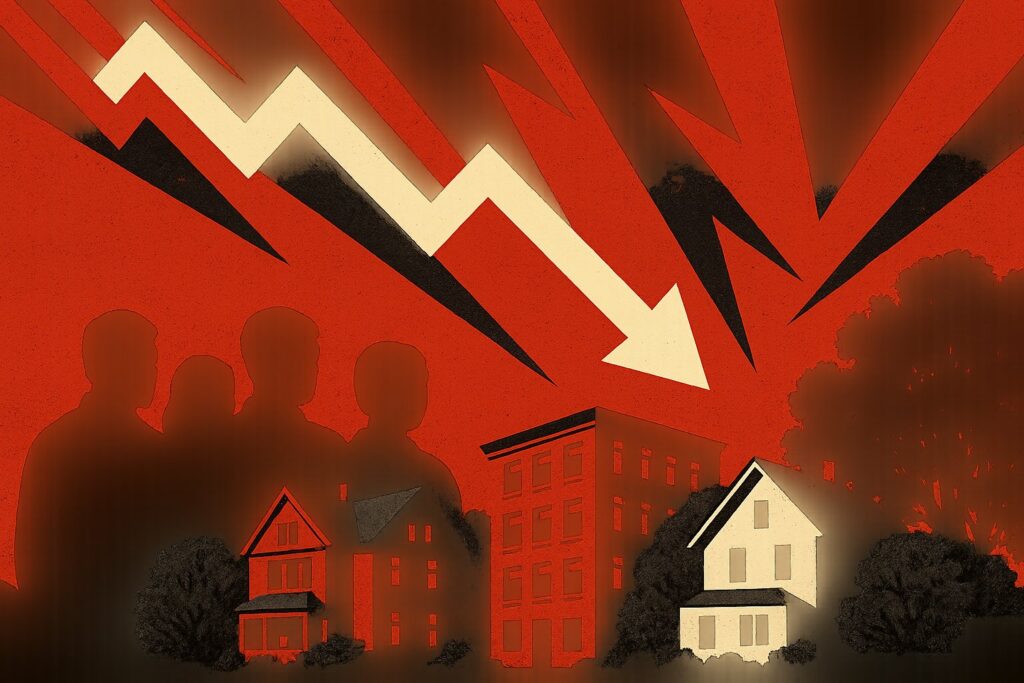 Silhouetted crowd watches a city engulfed in flames as a jagged downward arrow crashes through the sky, symbolizing a crisis or collapse.