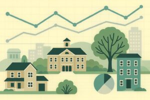 Illustration of a suburban city with houses, trees, and a pie chart, overlaid by a rising line graph.