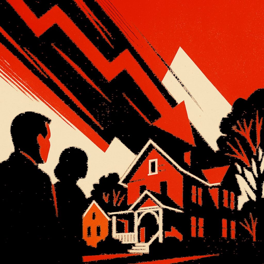 Abstract red‑black‑cream illustration of a hillside village with houses and silhouettes of people, beneath jagged mountains and a large downward arrow.
