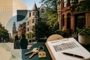Chatgpt Image Aug 16, 2026, 10_50_58 Am Brookline rental-property collage featuring historic homes, keys, leasing paperwork, and a tree-lined residential street.