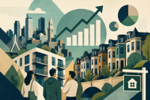 Illustration of a city and residential neighborhood with people observing a rising market chart, symbolizing real estate growth.