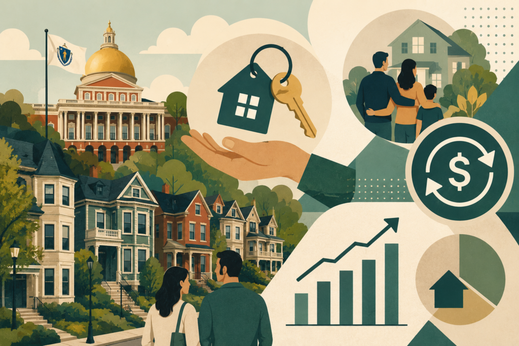 A collage showing home ownership: row houses, a government building, a hand holding a key with a house tag, a couple looking at homes, and finance icons like charts and a dollar symbol.