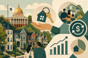 A collage showing home ownership: row houses, a government building, a hand holding a key with a house tag, a couple looking at homes, and finance icons like charts and a dollar symbol.