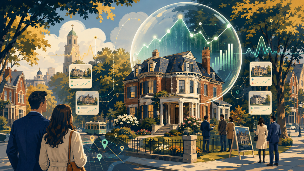 Modern neighborhood with real estate insights