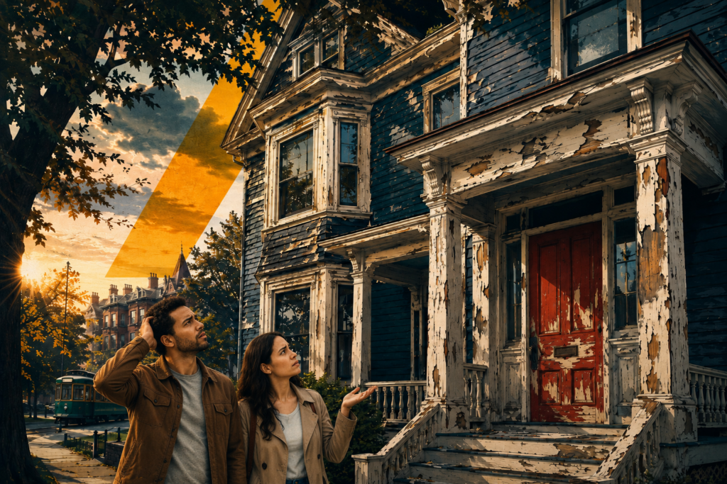 Couple stands on a street near a peeling blue wooden house with a red door, gazing upward at the weathered facade as the sunset glows behind them.