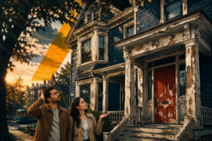 Couple stands on a street near a peeling blue wooden house with a red door, gazing upward at the weathered facade as the sunset glows behind them.