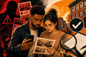 Couple studies photos and documents for an investigation, with a masked figure looming in a red-toned background.