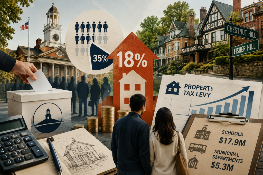 Brookline election and property-tax illustration with voters, town hall, homes, tax charts, and home buyers reviewing rising levy costs.