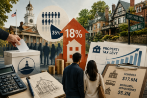 Brookline election and property-tax illustration with voters, town hall, homes, tax charts, and home buyers reviewing rising levy costs.