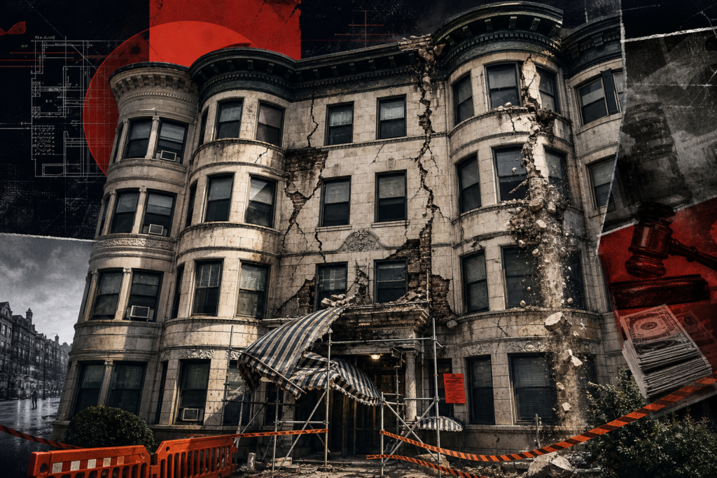 Old stone apartment building with a cracked facade, scaffolding, and orange safety barriers in front.