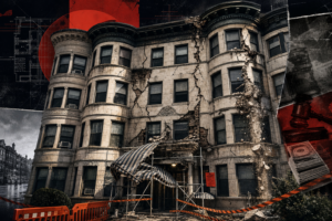 Old stone apartment building with a cracked facade, scaffolding, and orange safety barriers in front.
