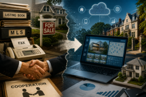 Split-image real estate illustration showing the MLS evolving from paper listing books and broker cooperation into a modern digital property data platform for Brookline homes.