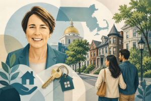 Smiling real estate agent in the foreground with a keyring and house tag, while a couple walks toward row houses on a tree-lined street.