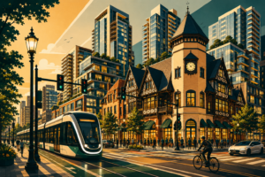 Retro-modern illustration of a futuristic Coolidge Corner featuring the iconic S.S. Pierce building, sleek next-generation Green Line train, dense mixed-use high-rises, and vibrant pedestrian streets in Brookline.