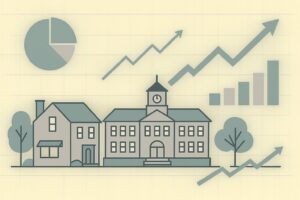 Stylized town scene with a central clock-tower school, surrounding houses and trees, plus rising charts (pie, line, bar) in blue tones.