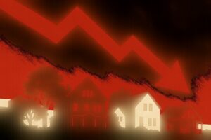 Red zigzag arrow plunges downward over a row of houses, symbolizing an economic or housing market crash in a suburban scene.
