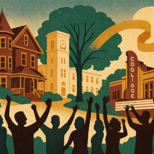 Silhouetted crowd with raised hands in a town square, with vintage buildings, a large central tree, and a Coolidge storefront in the background, suggesting a celebration or rally.