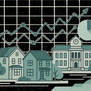 Brookline-school-committee-leadership-and-real-est-featured Illustrated town with houses and a government building, overlaid by a rising line graph and pie chart, suggesting growth.