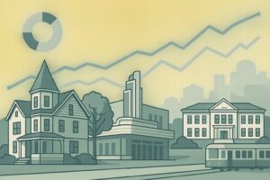 Illustration of a cityscape with a church, houses, modern buildings, a tram, and rising line charts in a pale yellow sky.