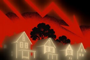 Stylized neighborhood with glowing white houses beneath a fiery red sky and large abstract shapes suggesting wildfire danger.