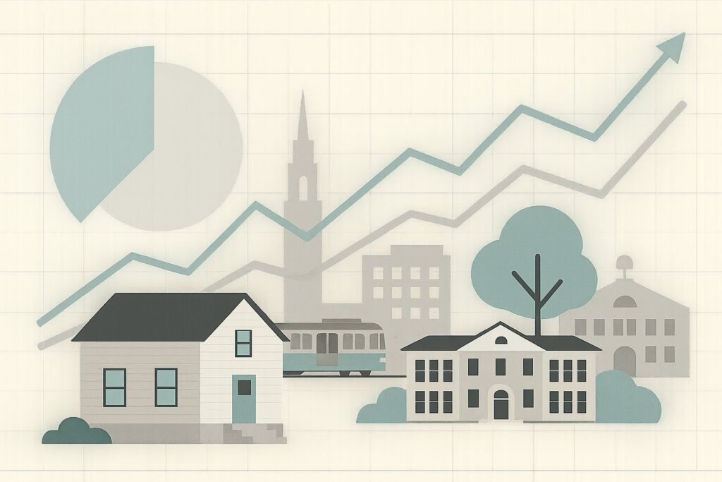 32-marion-street-brooklines-affordable-housing-mil-featured Illustration of a city with buildings, trees, and a rising data line and charts in the background, suggesting growth or trends.