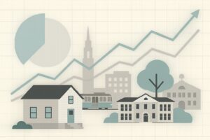 Illustration of a city with buildings, trees, and a rising data line and charts in the background, suggesting growth or trends.