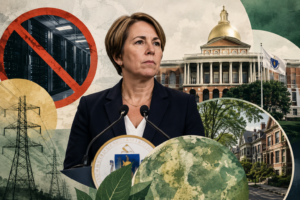 Female official at a podium with a collage of a server room, power lines, a capitol building, a leafy street, and a globe behind her.