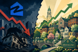 Illustration contrasting a dark housing market downturn with a thriving Brookline neighborhood, featuring falling and rising market arrows.