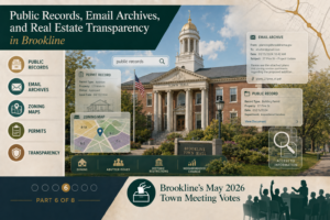 A clean image of Brookline Town Hall with layered icons for records, permits, zoning maps, emails, and a search bar reading “public records.” Keep the style civic and modern.