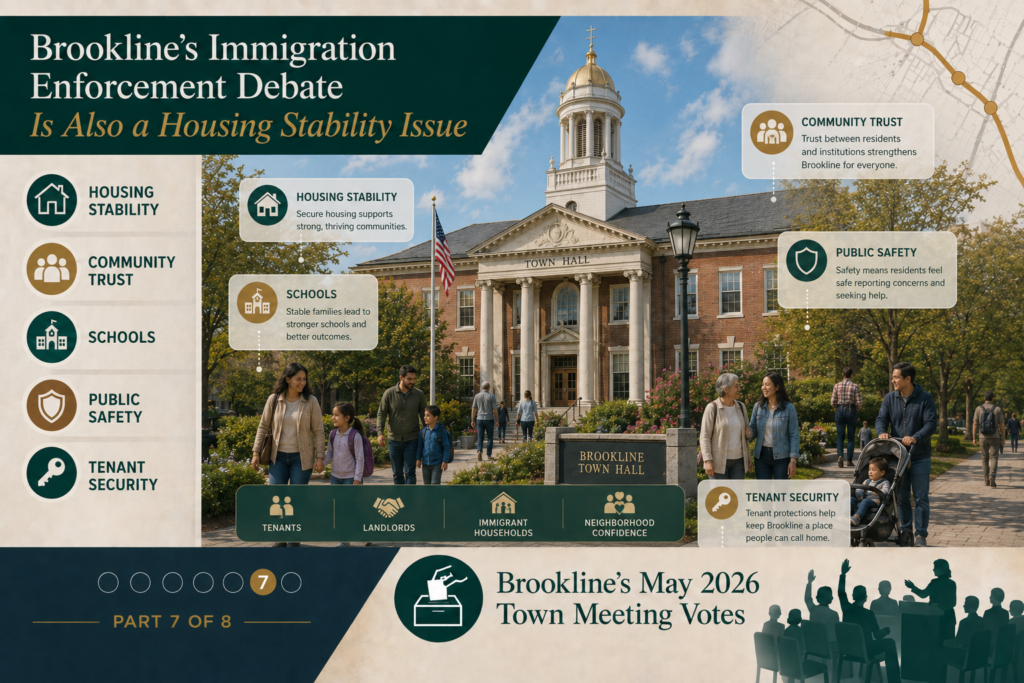 A respectful civic image: Brookline Town Hall, diverse residents walking nearby, and subtle icons for home, school, public safety, and community trust. Avoid police imagery that feels sensational.