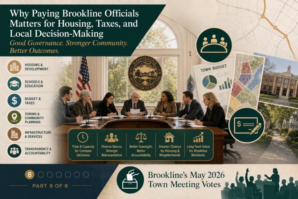Editorial image about Brookline official stipends and local governance showing a civic meeting table, budget papers, zoning map, school and services icons, and a stipend/check symbol, with the Brookline May 2026 Town Meeting votes footer marked part 8 of 8.
