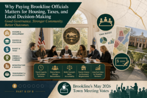 Editorial image about Brookline official stipends and local governance showing a civic meeting table, budget papers, zoning map, school and services icons, and a stipend/check symbol, with the Brookline May 2026 Town Meeting votes footer marked part 8 of 8.