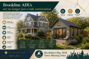 Editorial image about Brookline ADUs showing a primary home with a detached accessory dwelling unit, zoning and housing icons, and a footer referencing Brookline’s May 2026 Town Meeting votes