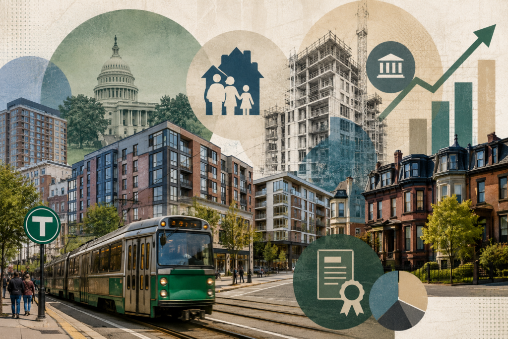 Collage-style Brookline housing scene with a Green Line train, apartment buildings, construction, policy icons, and data graphics representing federal housing legislation and local development.