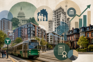 Collage-style Brookline housing scene with a Green Line train, apartment buildings, construction, policy icons, and data graphics representing federal housing legislation and local development.