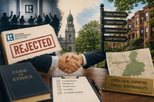 Handshake over a table with a large 'REJECTED' stamp, ethics documents, and a 'Code of Ethics' book for a Realtors-themed scene.