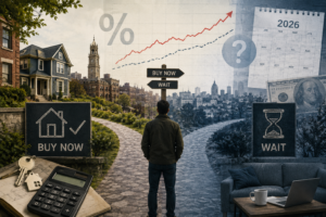 Man at a crossroads on a residential path with 'Buy Now' and 'Wait' signs, overlaid by financial graphs and a 2026 calendar.