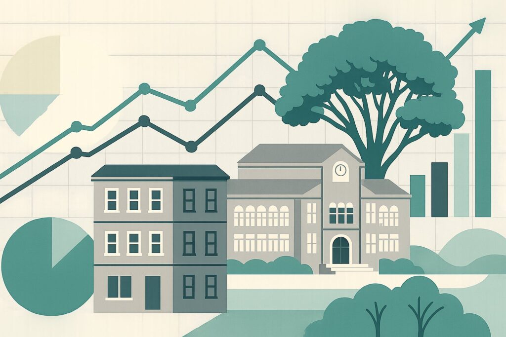 Boston-fleet-coaching-change-brookline-real-estate-featured Teal-toned illustration of a school campus with two buildings, a clock tower, a large tree, and abstract data charts (line, bar, pie).