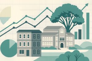 Boston-fleet-coaching-change-brookline-real-estate-featured Teal-toned illustration of a school campus with two buildings, a clock tower, a large tree, and abstract data charts (line, bar, pie).
