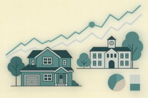 Illustration of suburban houses with trees and rising line graphs, suggesting a growing real estate market.