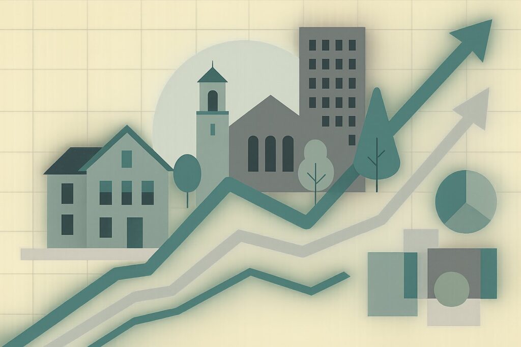 Abstract urban growth illustration with houses, buildings, trees and rising arrows suggesting expansion and progress read as an upward trend graph.