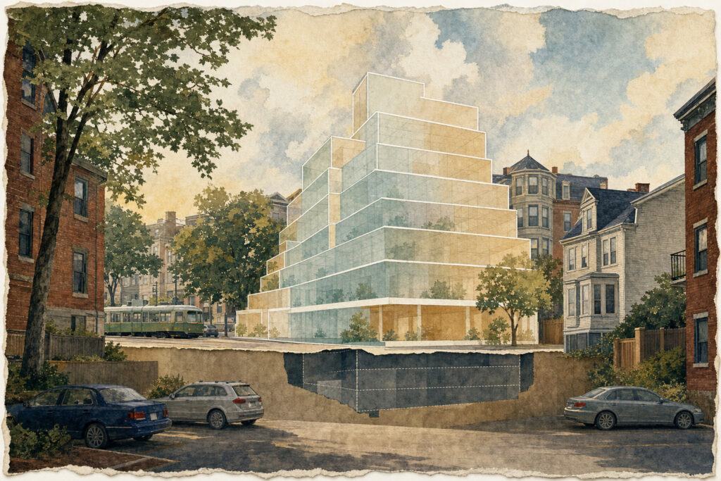 Editorial illustration of a Brookline parking lot with a translucent proposed apartment massing rising above it, surrounded by leafy streets, brick and wood-frame buildings, and subtle transit cues.