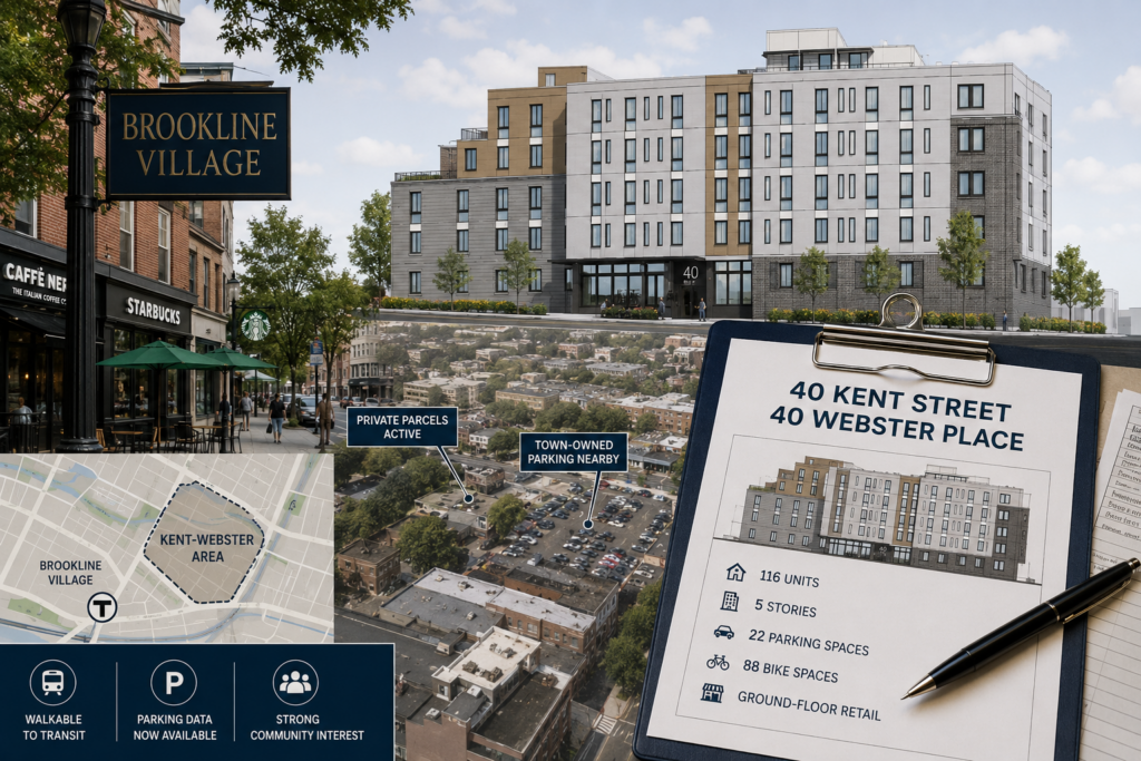 Brookline Village development collage showing the proposed Kent-Webster housing project, nearby transit, parking, and neighborhood context.