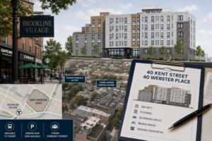 Chatgpt Image Aug 16, 2026, 12_17_25 Pm Brookline Village development collage showing the proposed Kent-Webster housing project, nearby transit, parking, and neighborhood context.