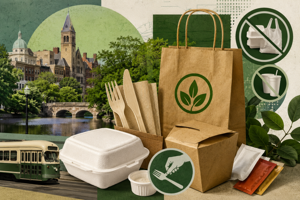 Eco-focused Brookline collage showing sustainable takeout packaging, request-only utensil symbols, green city landmarks, and neighborhood storefront context.