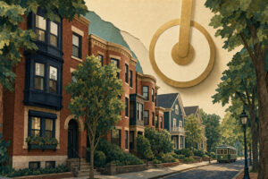 Editorial illustration of a leafy Brookline residential block with brick condos, wood-frame homes, a distant trolley, and an unmarked circular mortgage-rate form hovering above.